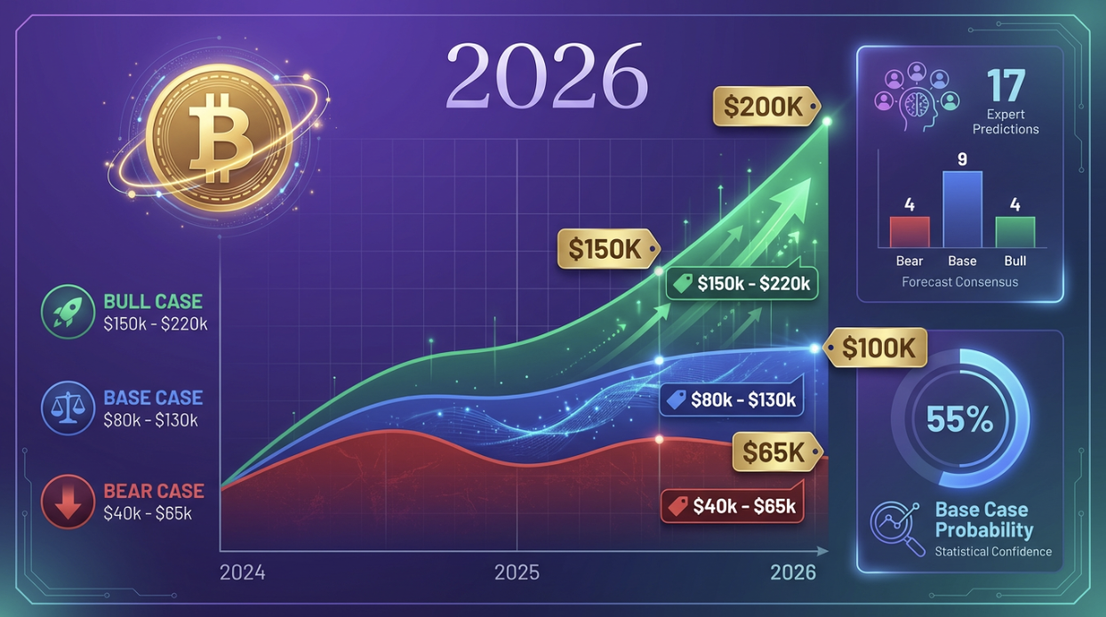 BTC price prediction chart with base, bull, and bear scenario ranges and key support and resistance levels.